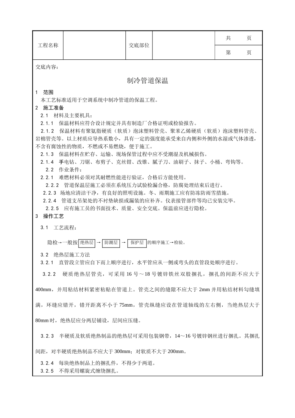 全套建筑工程、安装工程施工技术交底及安全交底-012_制冷管道保温工艺.doc_第1页