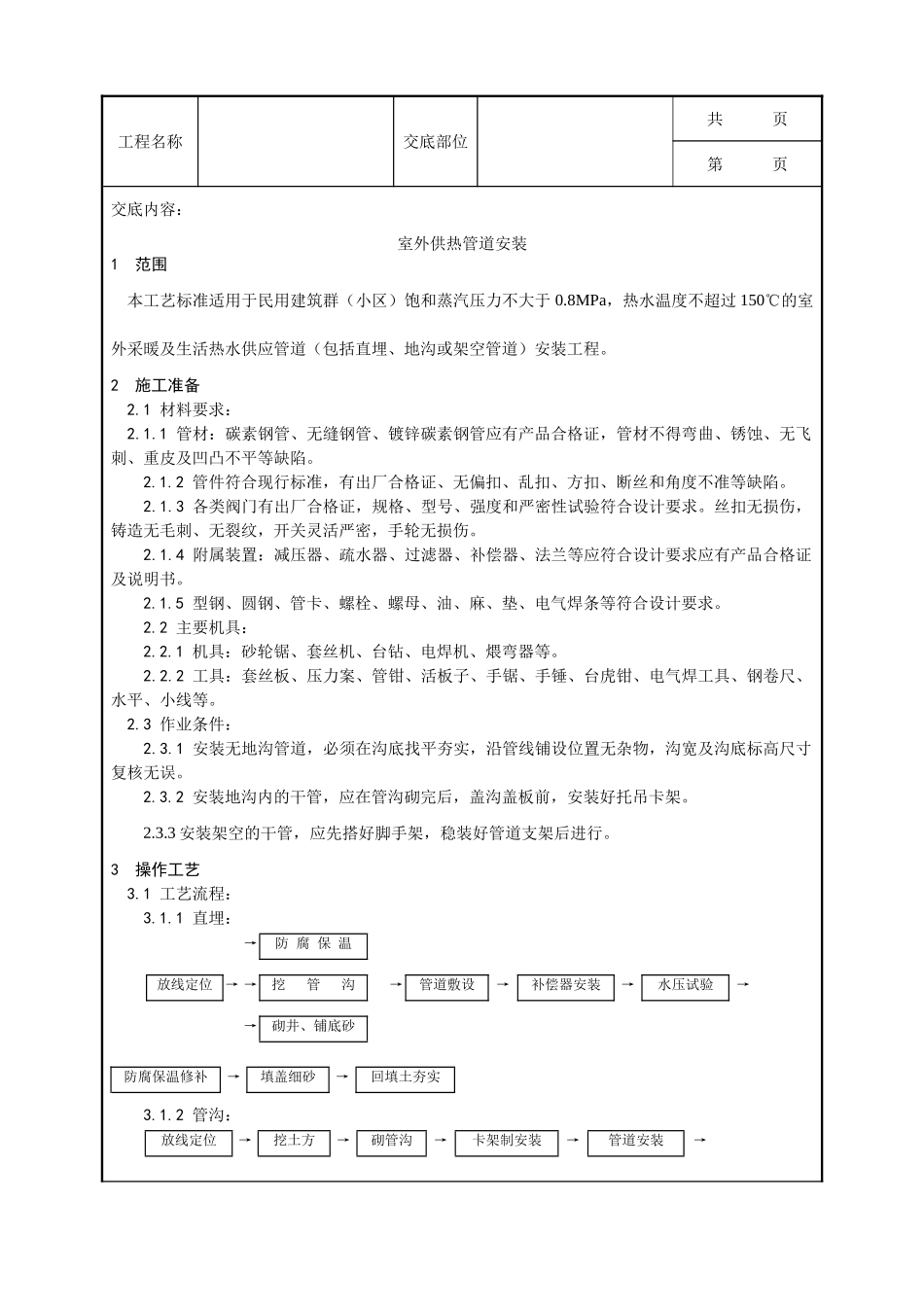 全套建筑工程、安装工程施工技术交底及安全交底-013_室外供热管道安装工艺.doc_第1页