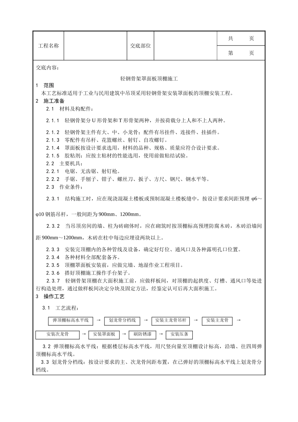 全套建筑工程、安装工程施工技术交底及安全交底-014_轻钢骨架罩面板顶棚施工工艺.doc_第1页