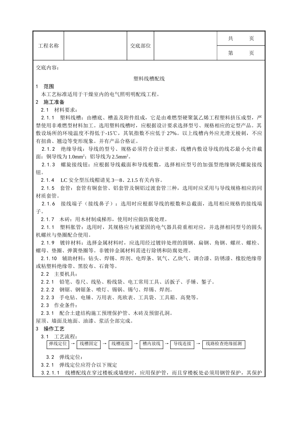 全套建筑工程、安装工程施工技术交底及安全交底-014_塑料线槽配线工艺.doc_第1页