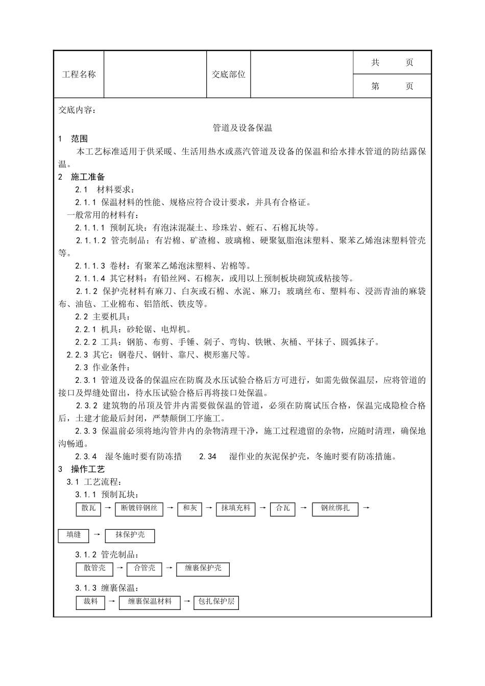 全套建筑工程、安装工程施工技术交底及安全交底-016_管道及设备保温工艺.doc_第1页