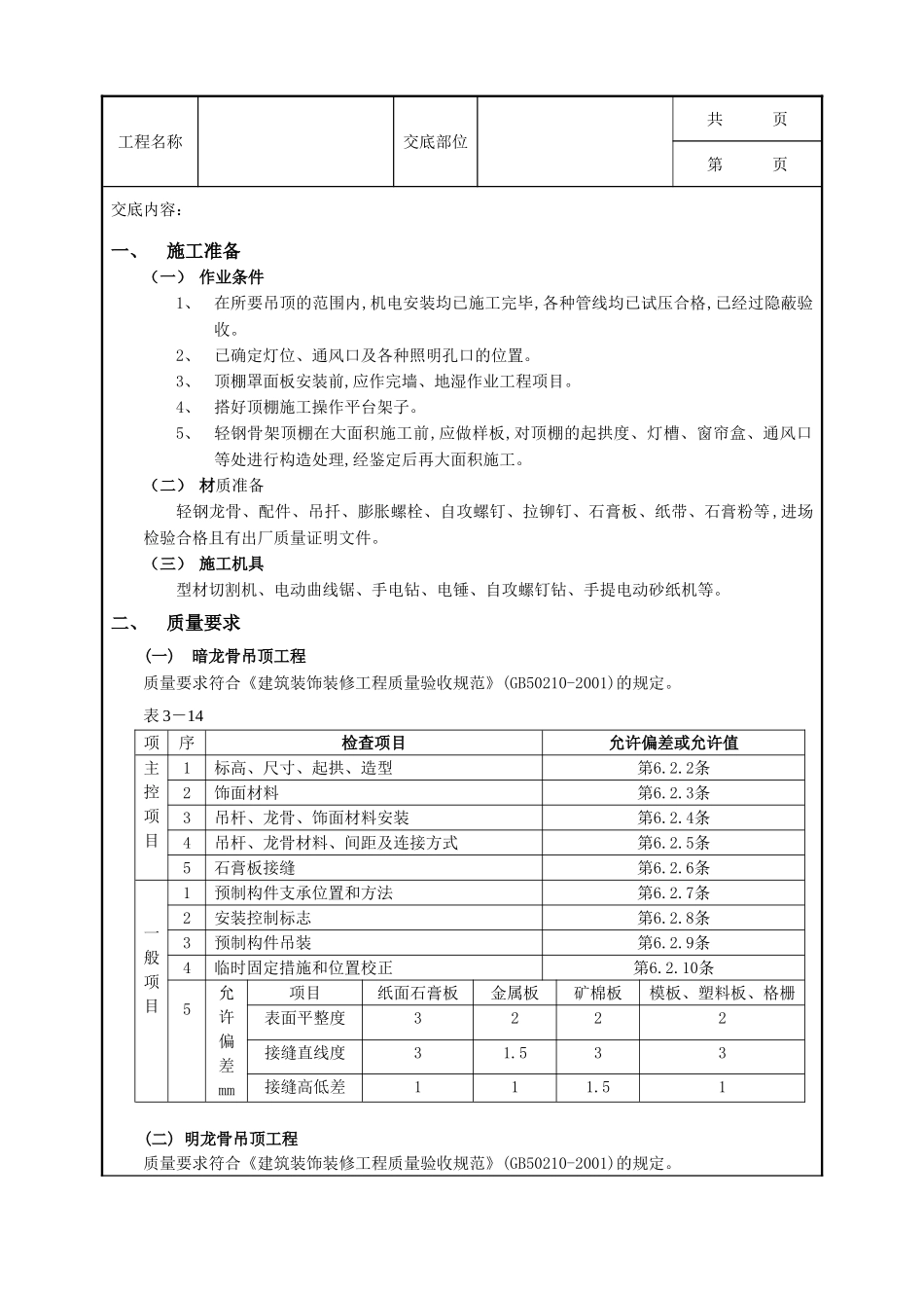 全套建筑工程、安装工程施工技术交底及安全交底-20石膏板吊顶工程.doc_第1页