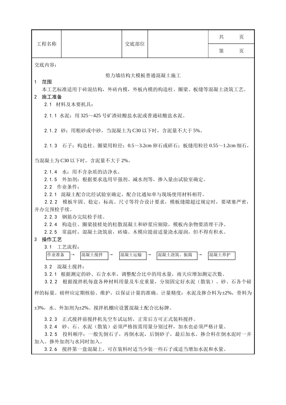 全套建筑工程、安装工程施工技术交底及安全交底-021_剪力墙结构大模板普通混凝土施工工艺.doc_第1页