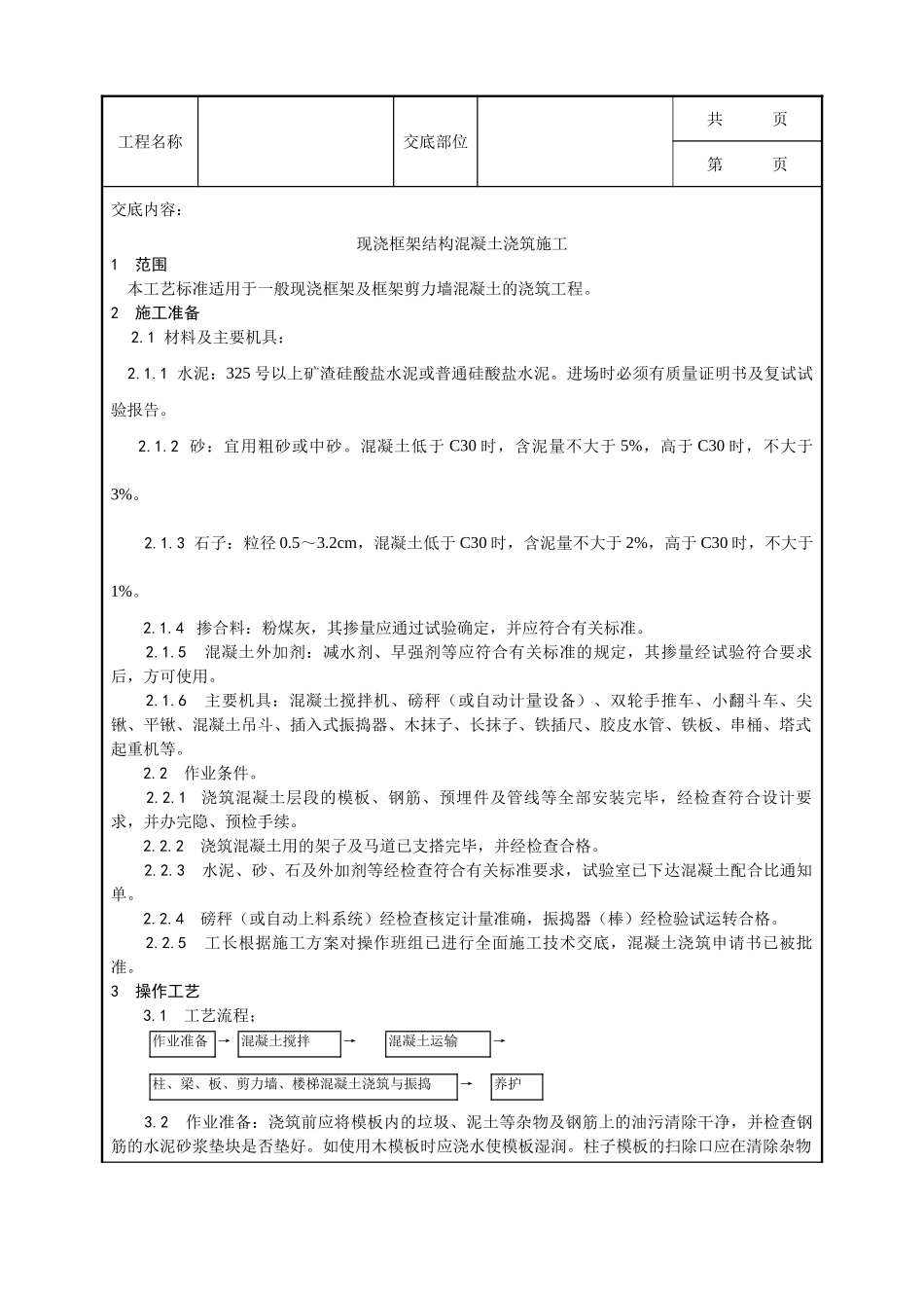 全套建筑工程、安装工程施工技术交底及安全交底-023_现浇框架结构混凝土浇筑施工工艺.doc_第1页