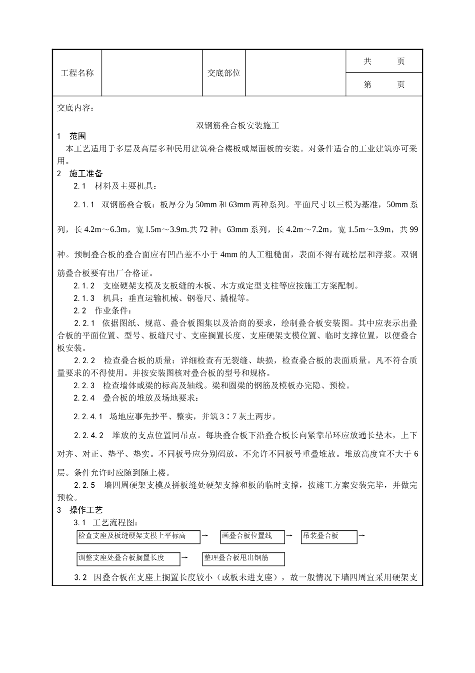 全套建筑工程、安装工程施工技术交底及安全交底-024_双钢筋叠合板安装施工工艺.doc_第1页