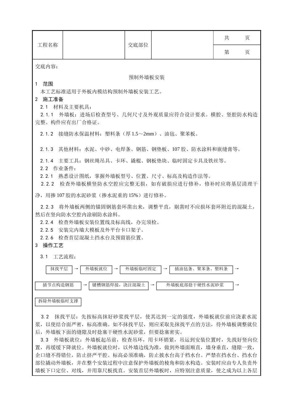 全套建筑工程、安装工程施工技术交底及安全交底-028_预制外墙板安装工艺.doc_第1页