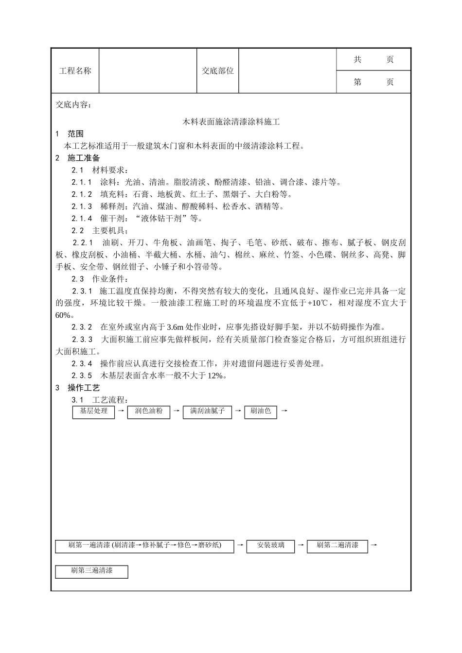 全套建筑工程、安装工程施工技术交底及安全交底-029_木料表面施涂清漆涂料施工工艺.doc_第1页