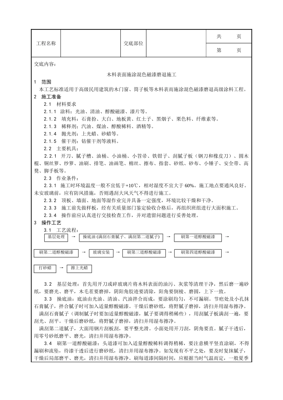 全套建筑工程、安装工程施工技术交底及安全交底-030_木料表面施涂混色磁漆磨退施工工艺.doc_第1页