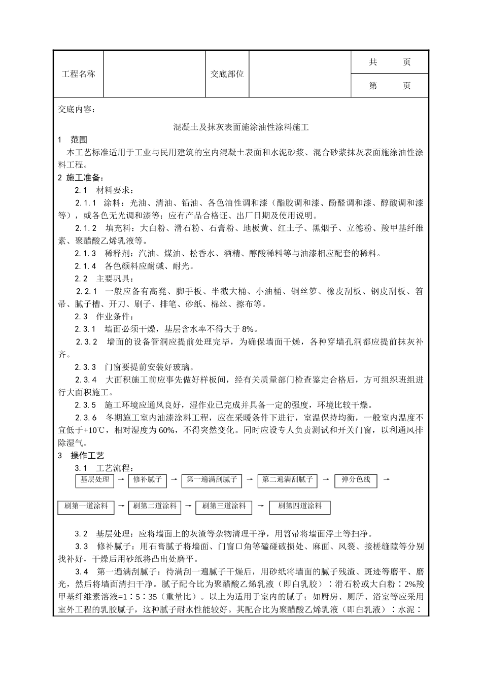 全套建筑工程、安装工程施工技术交底及安全交底-033_混凝土及抹灰表面施涂油性涂料施工工艺.doc_第1页