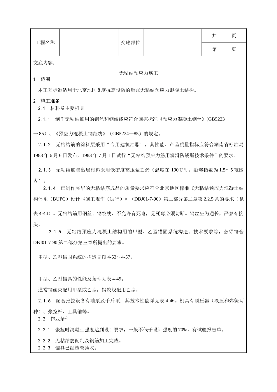 全套建筑工程、安装工程施工技术交底及安全交底-035_无粘结预应力筋工工艺.doc_第1页