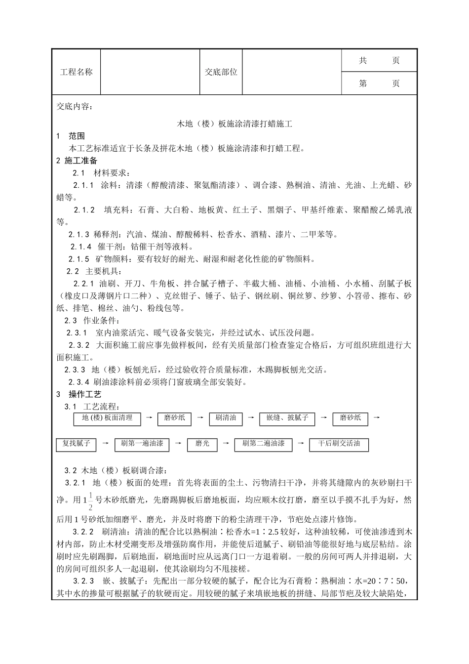 全套建筑工程、安装工程施工技术交底及安全交底-037_木地（楼）板施涂清漆打蜡施工工艺.doc_第1页