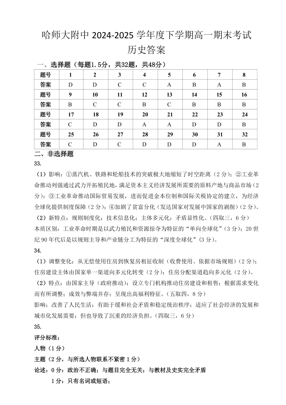 哈师大附中2024~2025学年度下学期高一期末考试历史答案.pdf_第1页