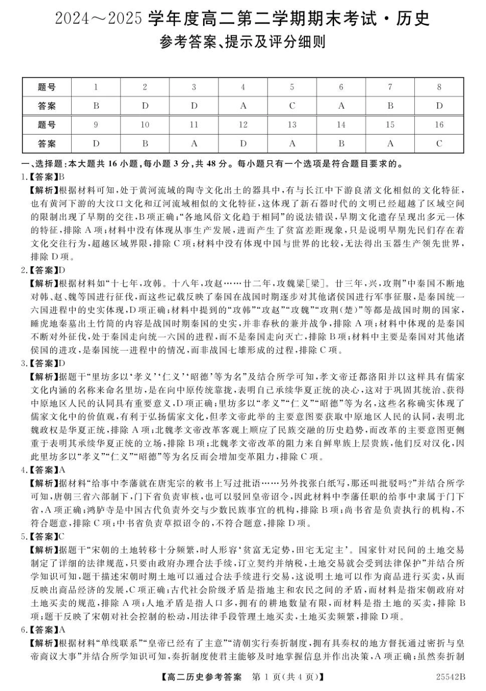 吉林省白山市五校2024-2025学年高二下学期期末联考历史参考答案.pdf_第1页