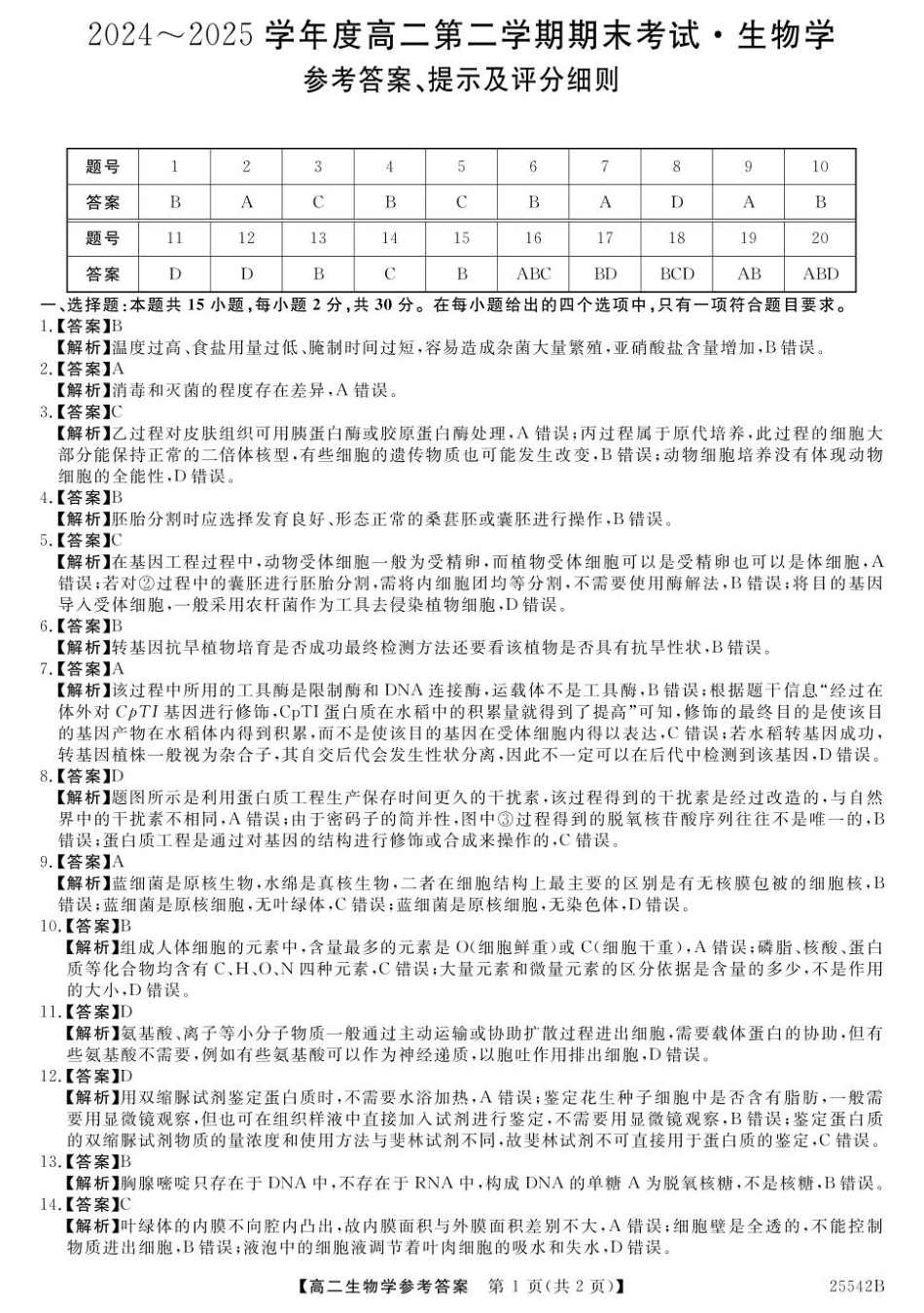 吉林省白山市五校2024-2025学年高二下学期期末生物参考答案.pdf_第1页
