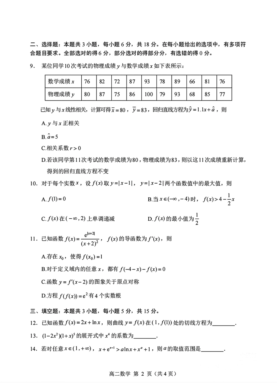 山东省威海市2024-2025学年高二下学期期末考试数学+答案.pdf_第2页
