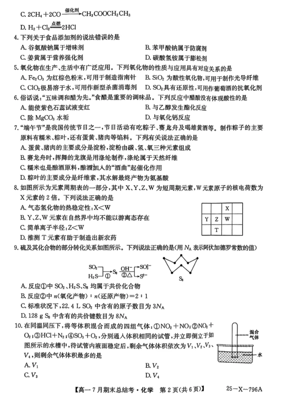 山西省三晋卓越联盟2024-2025学年高一下学期7月期末总结考化学含解析.pdf_第2页