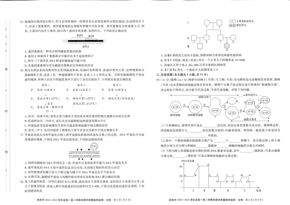 商洛市2024—2025学年度高一第二学期末教学质量抽样监测生物.pdf_第3页