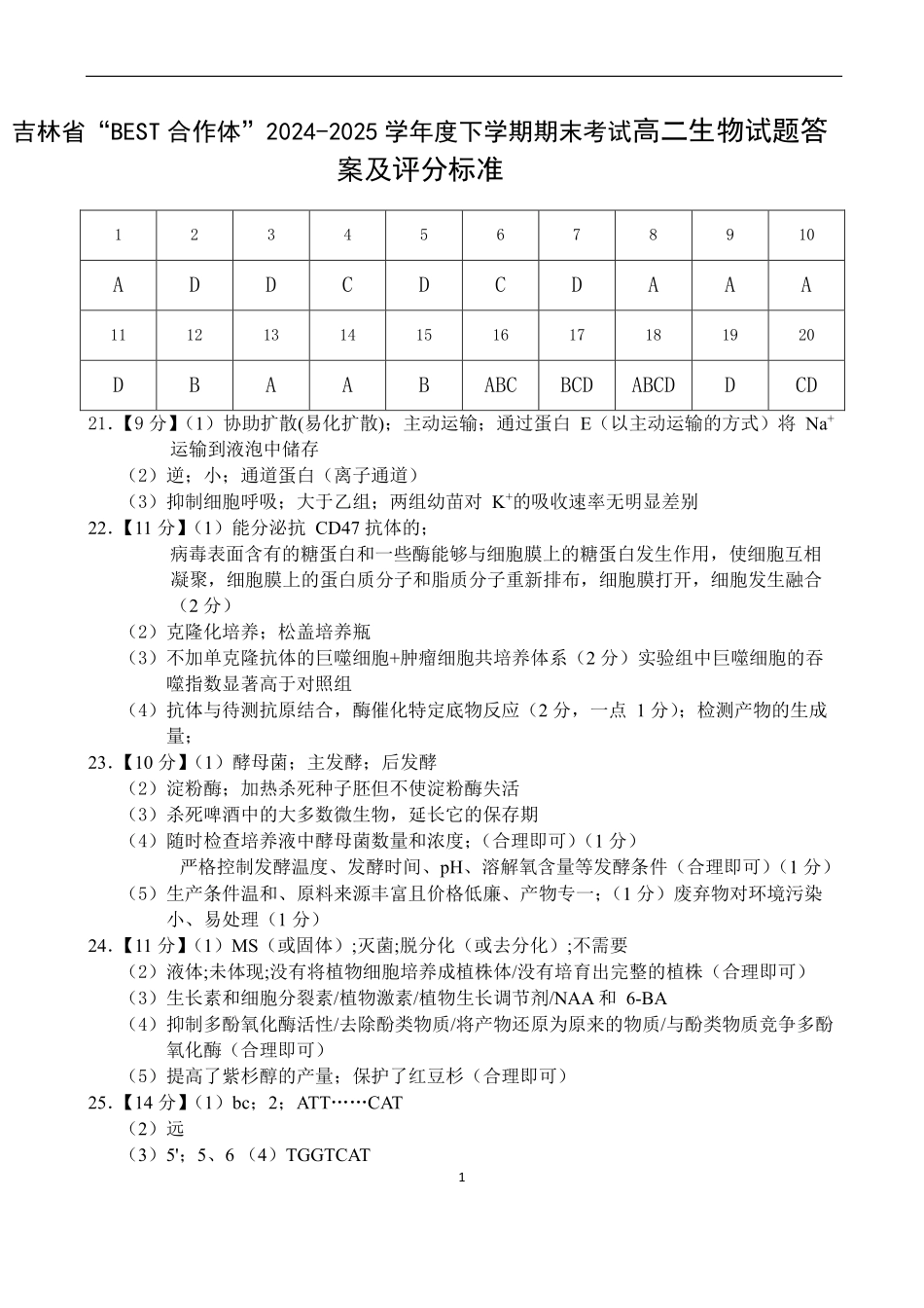 生物试卷答案【黑吉辽蒙卷】【高二下期末考】吉林省“BEST合作体”2024-2025学年度下学期高二7月期末考试（7.14-7.15）.pdf_第1页