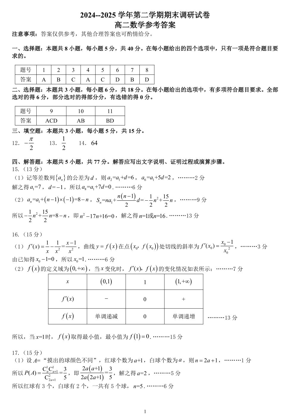 数学答案-河南省开封市2024-2025学年高二下学期期末调研.pdf_第1页