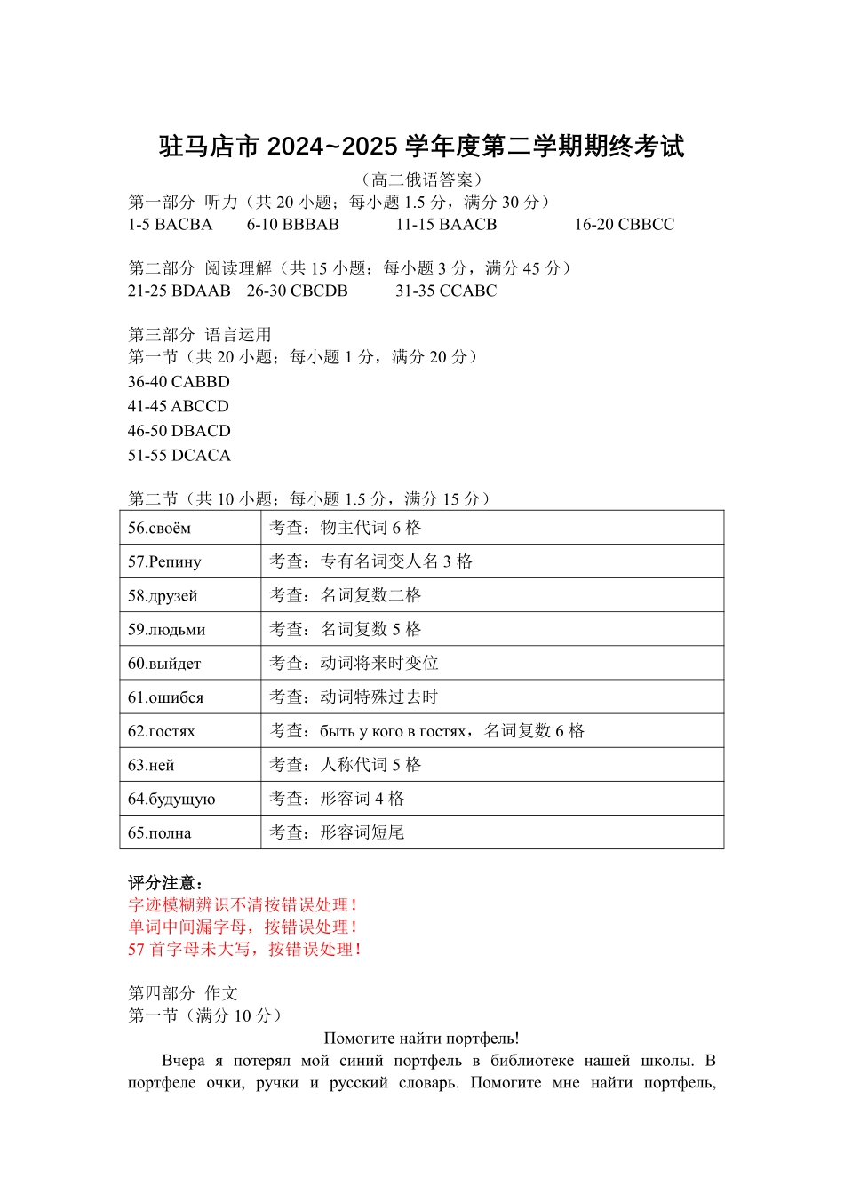 驻马店市2024~2025学年度第二学期期末质量监测俄语答案.pdf_第1页
