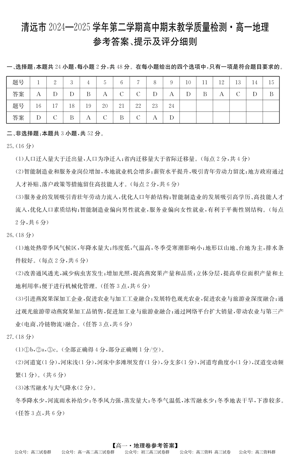 2024-2025学年第二学期高一期末教学质检（纵横文化）5466A 地理答案.pdf_第1页