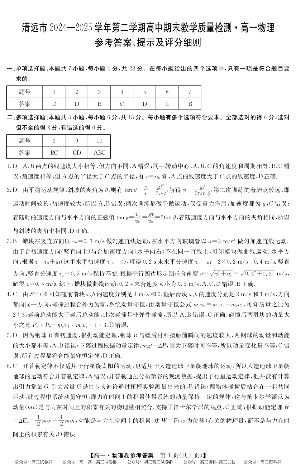 2024-2025学年第二学期高一期末教学质检（纵横文化）5466A 物理答案.pdf_第1页