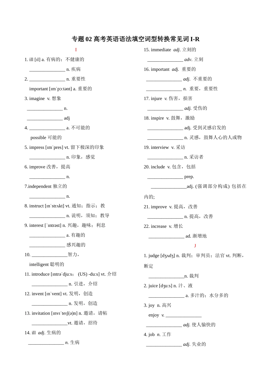 2025版60天搞定英语 高考英语冲刺词汇快速提升-专题02 高考英语语法填空词形转换常见词I-R（默写版）.doc_第1页