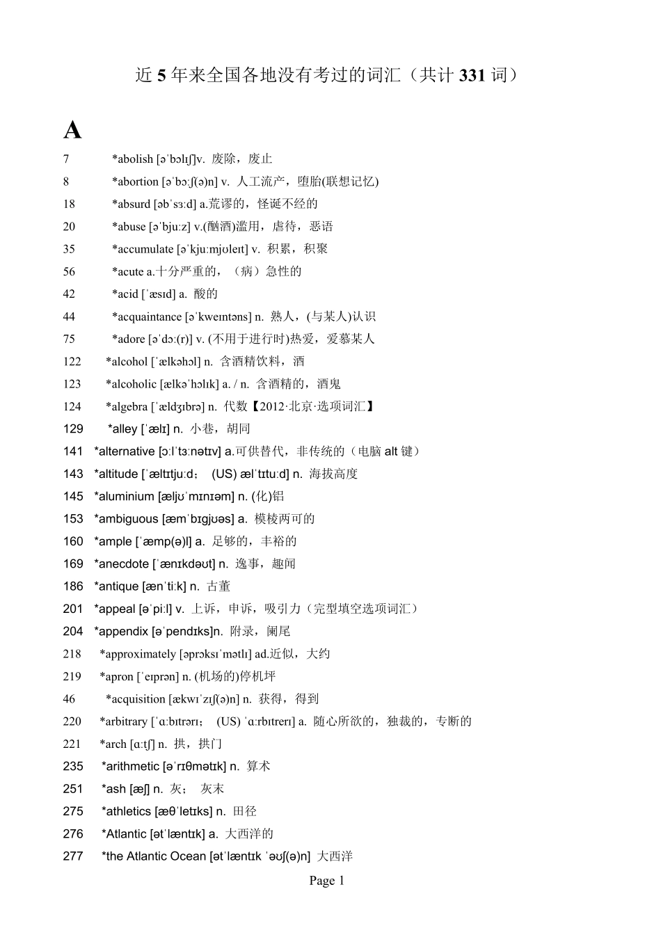 高考英语近5年来全国各地没有考过的词汇（331词）.pdf_第1页