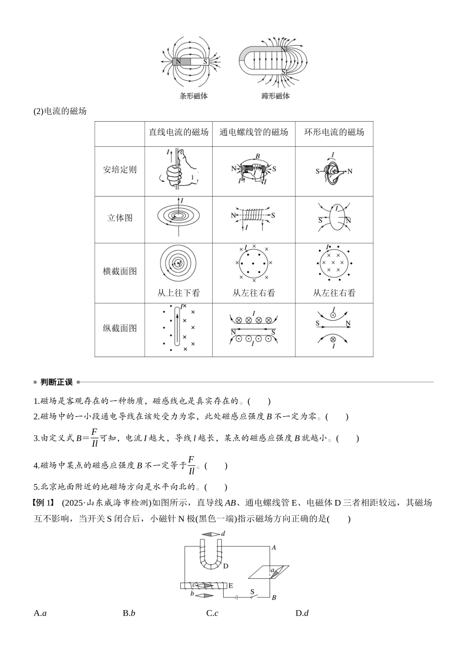 2026版步步高高考物理大一轮复习第十一章　第57课时　磁场及其对电流的作用(1).docx_第3页