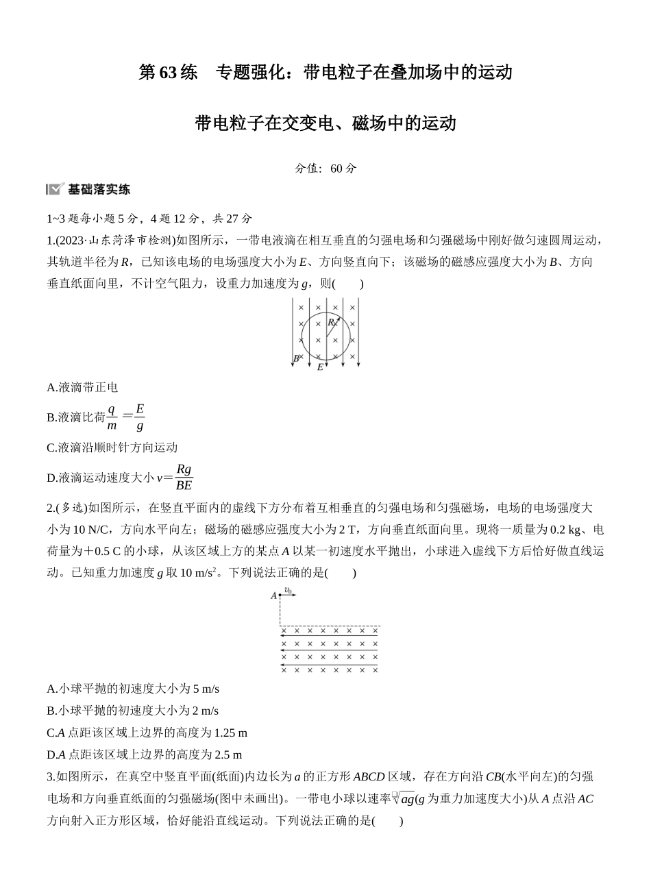 2026版步步高高考物理大一轮复习第十一章　第63练　专题强化：带电粒子在叠加场中的运动　带电粒子在交变电、磁场中的运动.docx_第1页
