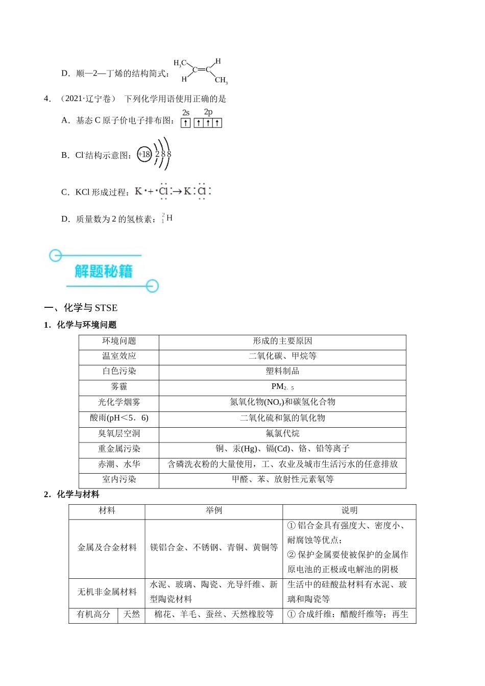 备战高一高二高三高考化学临考题号押题（辽宁、黑龙江、吉林专用）押选择题 化学与STSE、化学用语、物质的性质与用途（原卷版）.docx_第2页