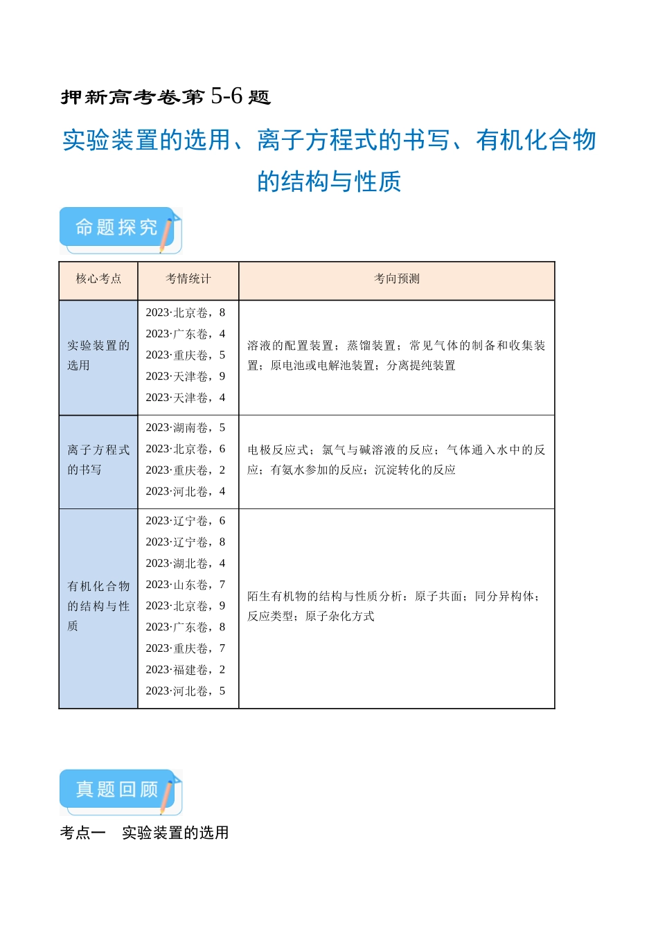 备战高一高二高三高考化学临考题号押题（通用）押新高考卷第5-6题 实验装置的选用、离子方程式的书写、有机化合物的结构与性质（原卷版）.docx_第1页