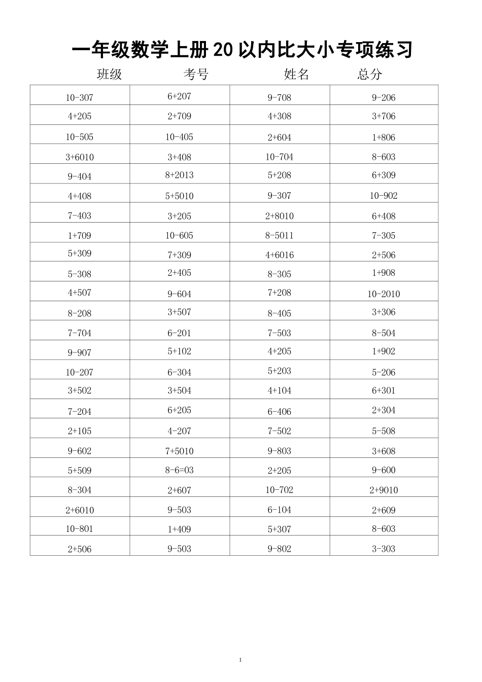 大班幼小衔接&一年级数学20以内数的大小比较.docx_第1页