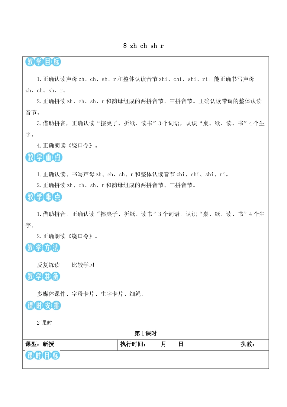 （25秋）人教统编版小学语文一年级上册8 zh ch sh r【教案】.docx_第1页
