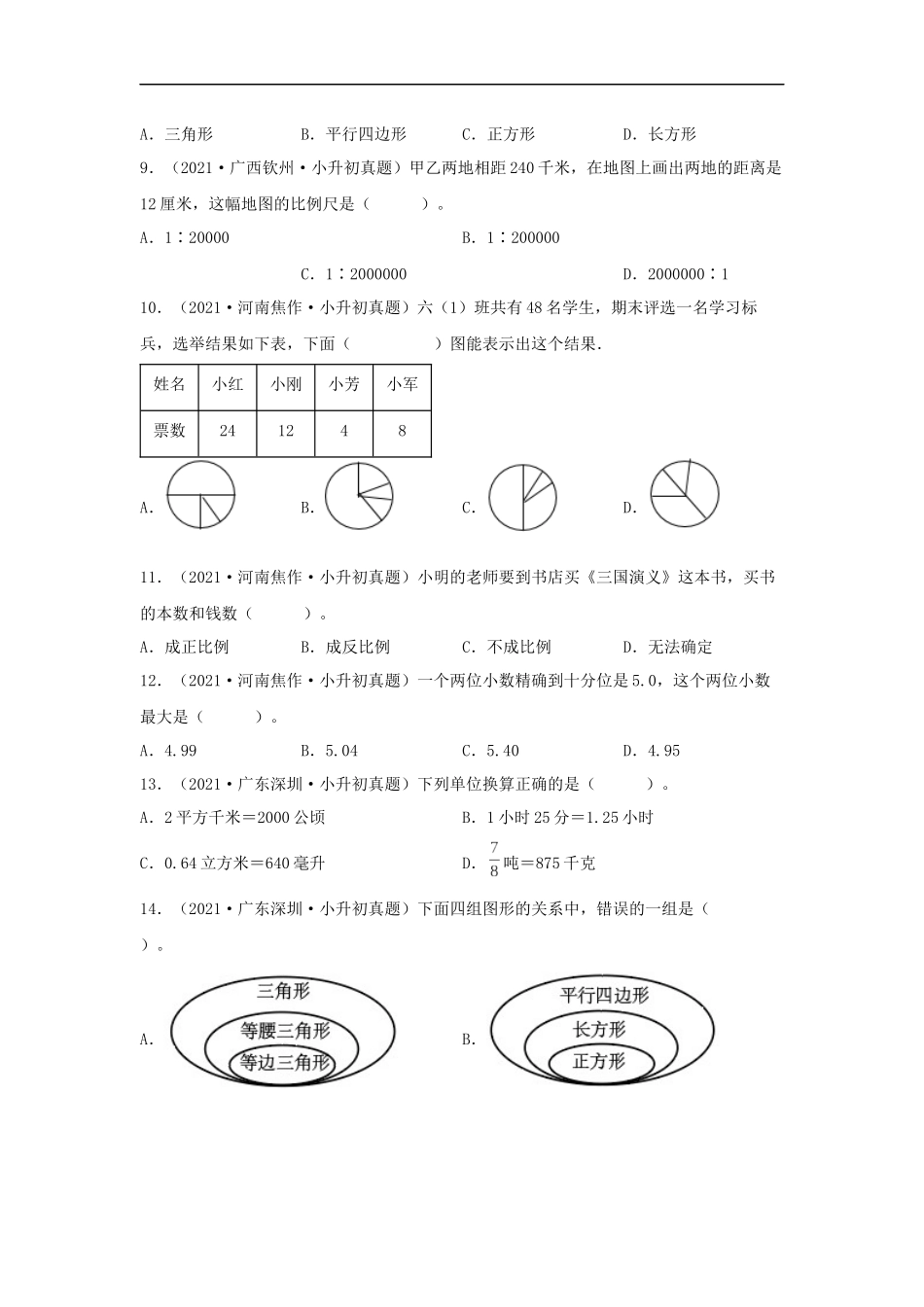 历年全国小升初六年级数学真题选择题93题（含答案）.docx_第2页