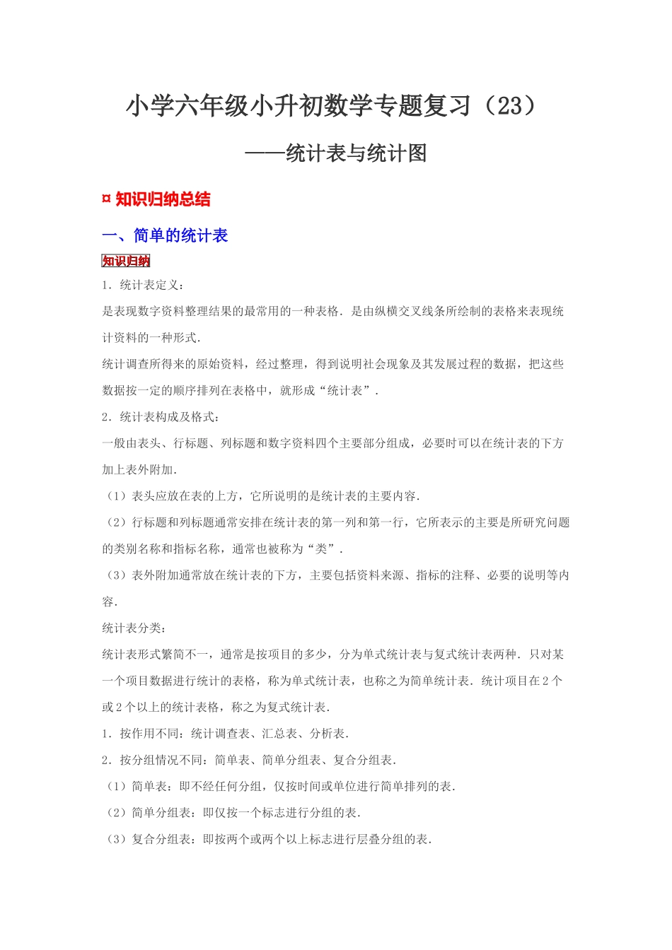 小学六年级小升初数学专题复习（23）统计表与统计图（典例精析+拔高训练）.docx_第1页