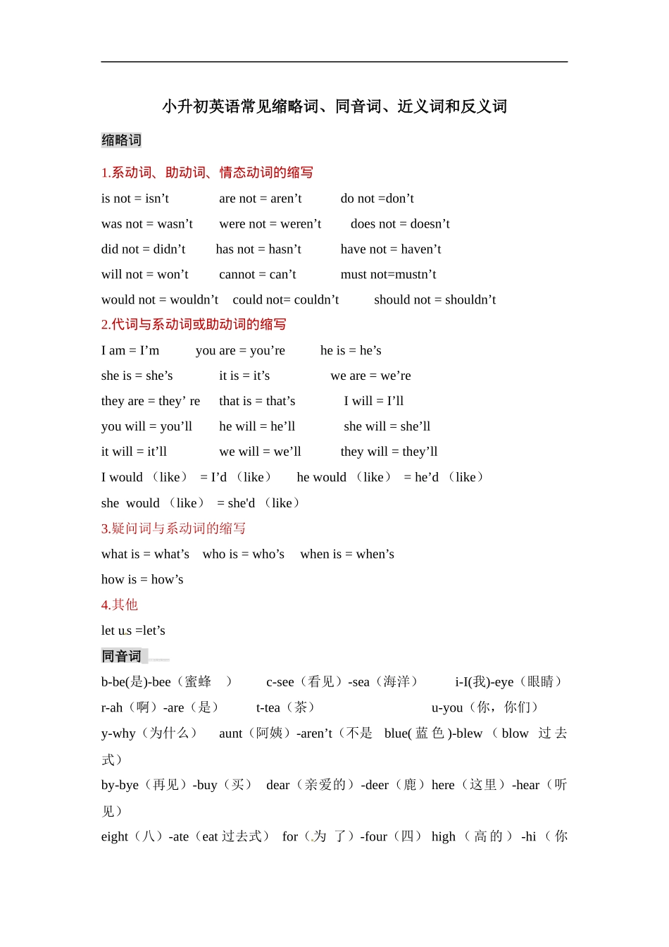 人教版新教材小学英语常见缩略词、同音词、近义词和反义词.docx_第1页