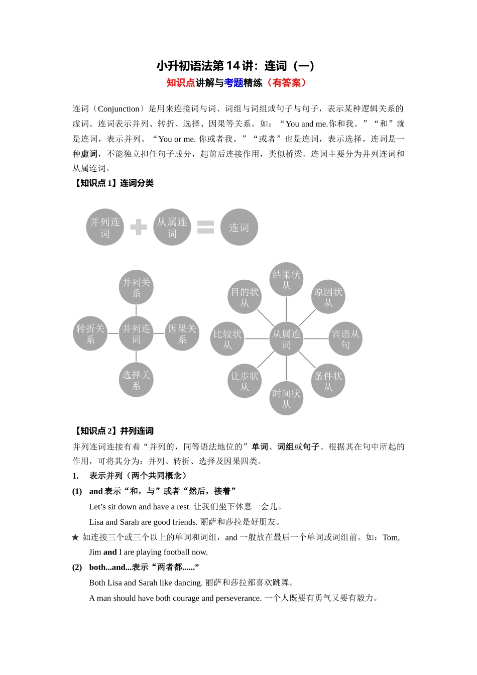 （2025-2026学年）小学英语语法知识点讲解与考题精练第14讲：连词（一）（附详细解析）.docx_第1页