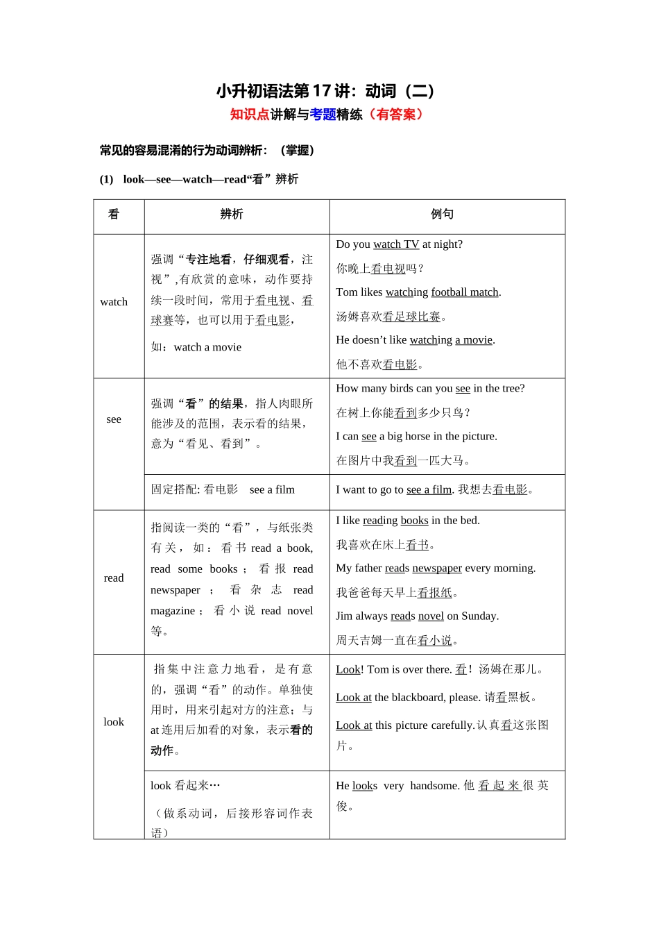 （2025-2026学年）小学英语语法知识点讲解与考题精练第17讲：动词（二）（附详细解析）.docx_第1页