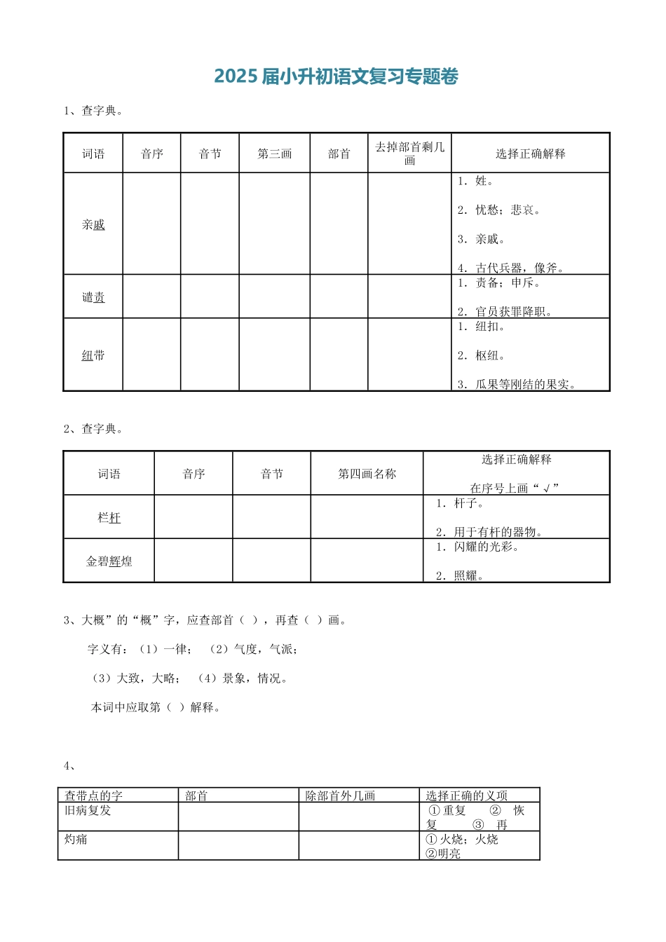 2025届六年级小升初语文专题复习-01汉字查字典（11P）（附答案解析）.doc_第1页