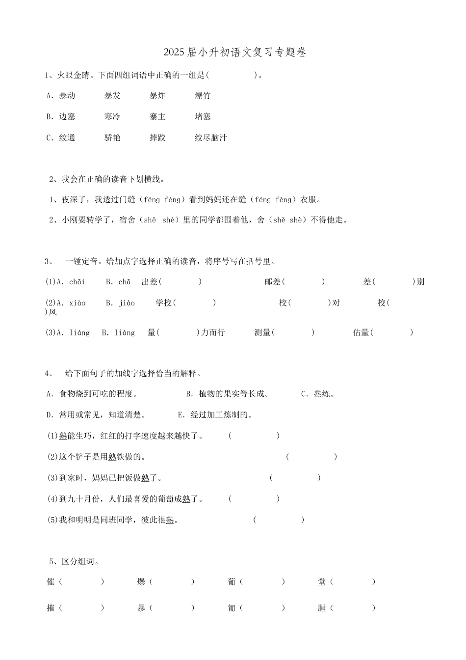 2025届六年级小升初语文专题复习-08汉字综合（13P）（附答案解析）.doc_第1页