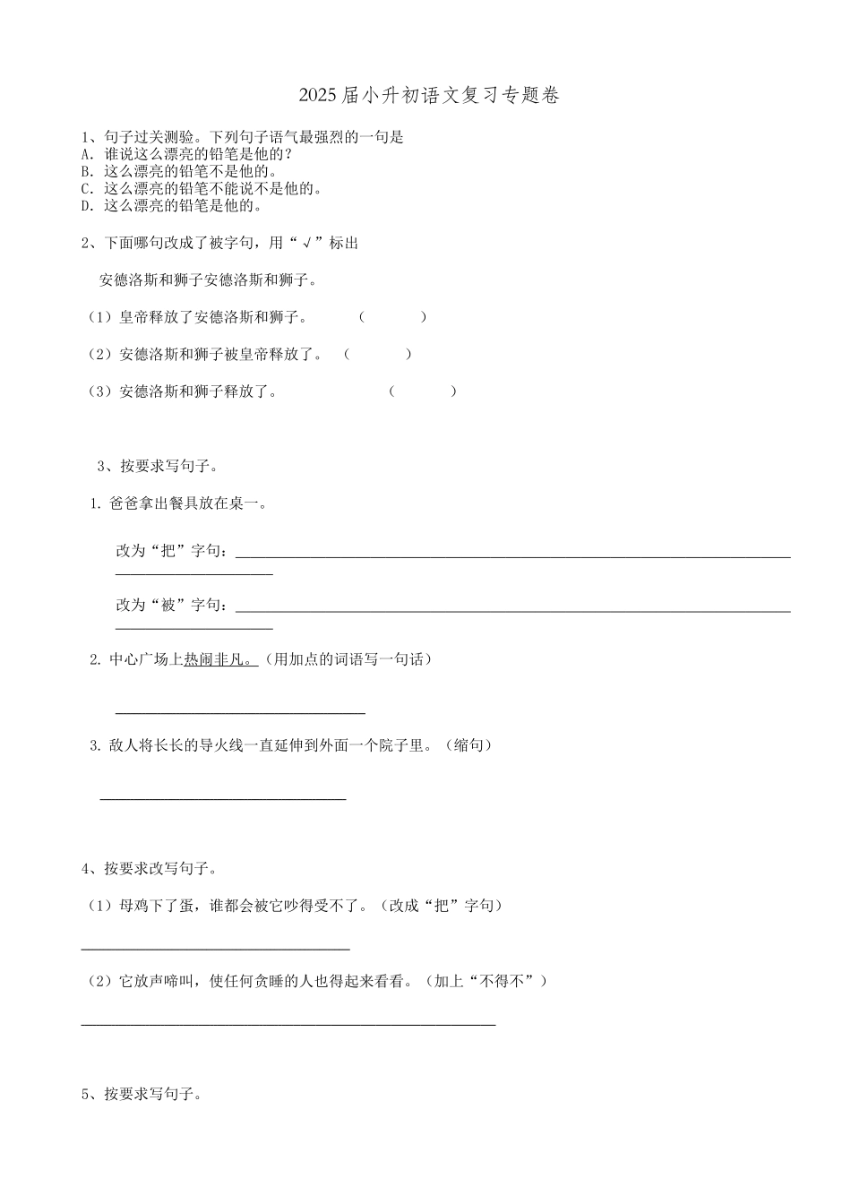 2025届六年级小升初语文专题复习-18句法句式-被字句-把字句-感叹句（16P）（附答案解析）.doc_第1页