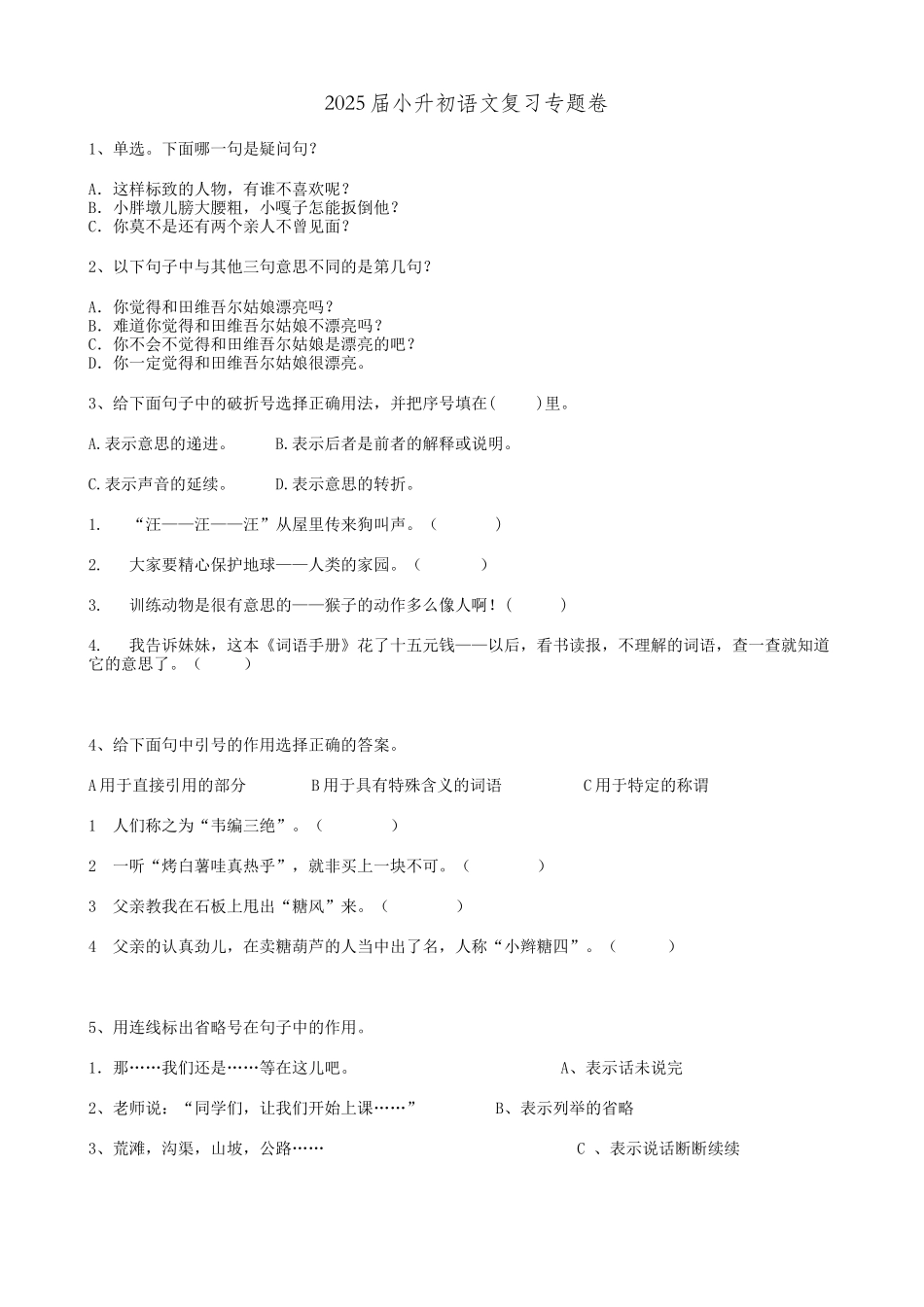 2025届六年级小升初语文专题复习-19句法句式-双重否定句-句式变换-标点符号（17P）（附答案解析）.doc_第1页