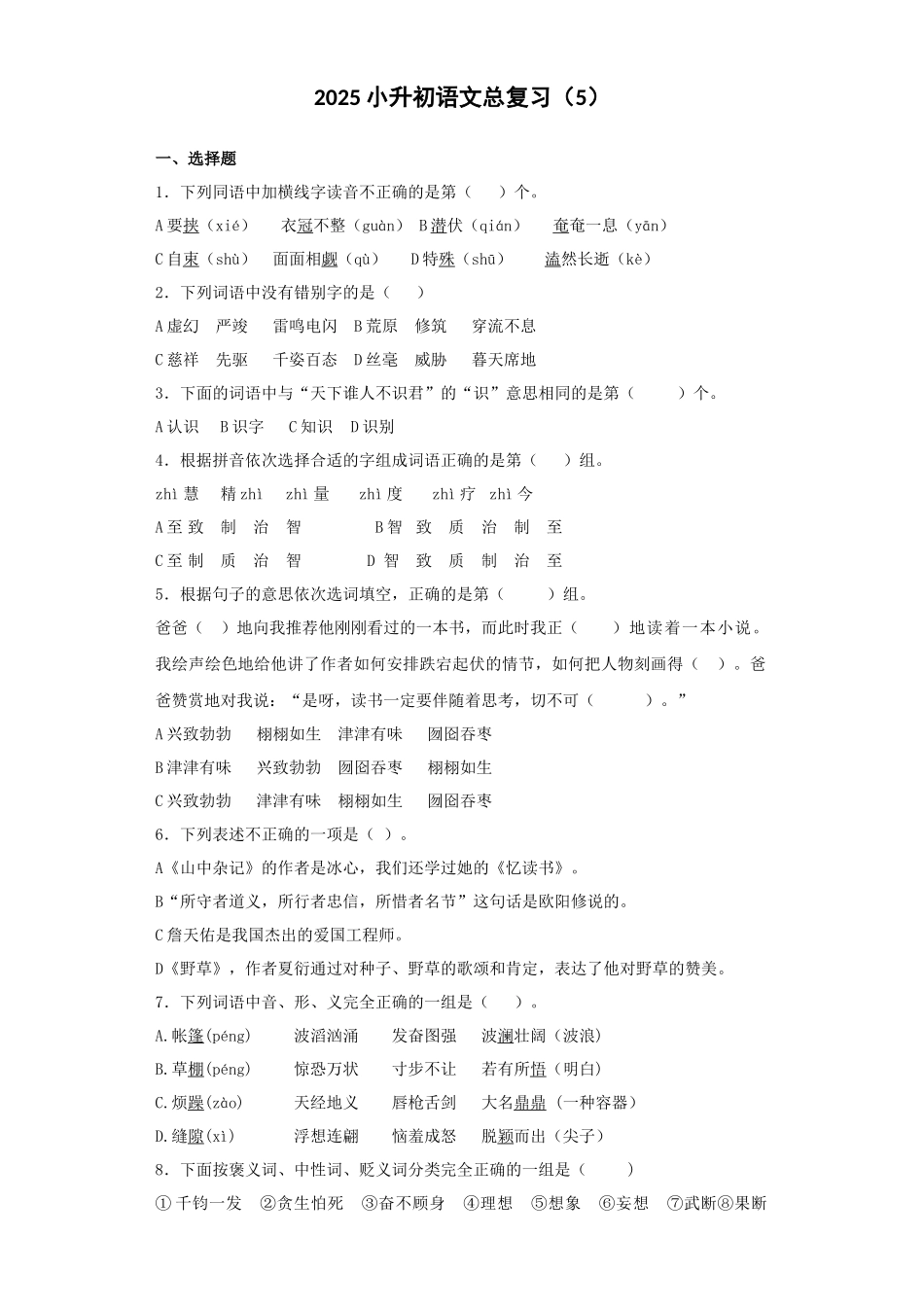 2025六年级小升初语文专项训练-总复习5（24P 详细解析）.docx_第1页