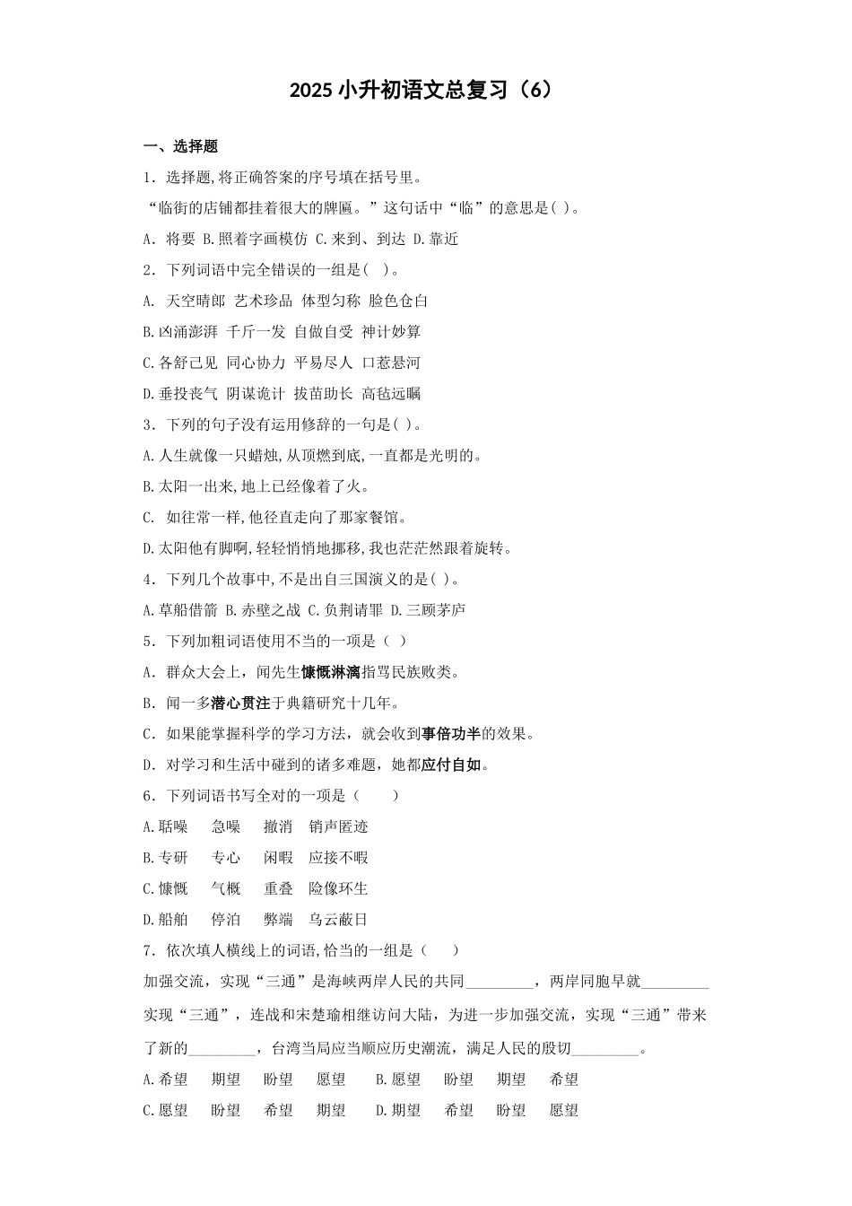 2025六年级小升初语文专项训练-总复习6（21P 详细解析）.docx_第1页
