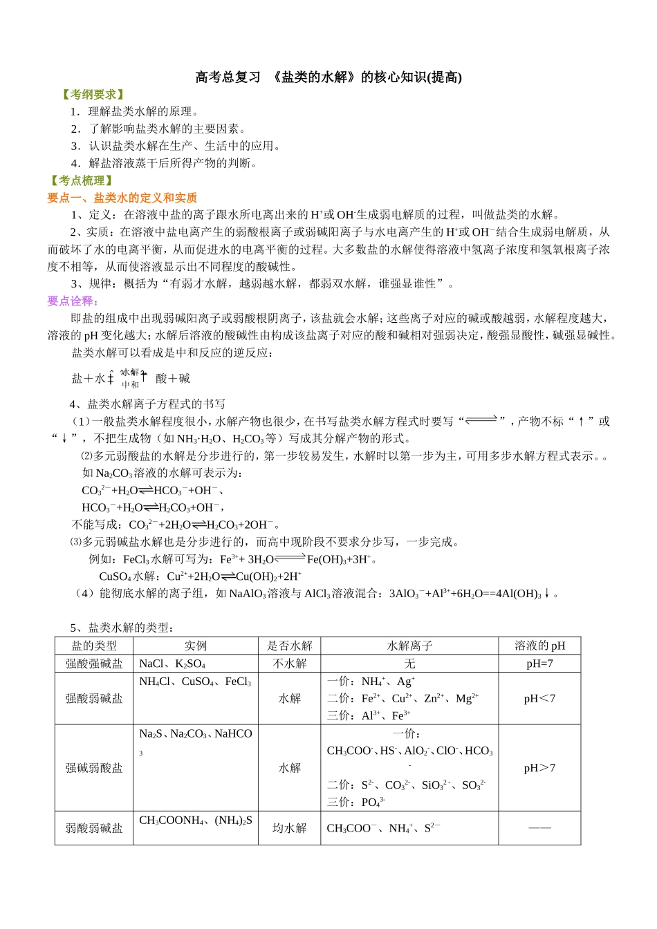 （通用）2026高考化学重难点系列讲义：《盐类的水解》的核心知识(提高)+巩固练习附解析.doc_第1页