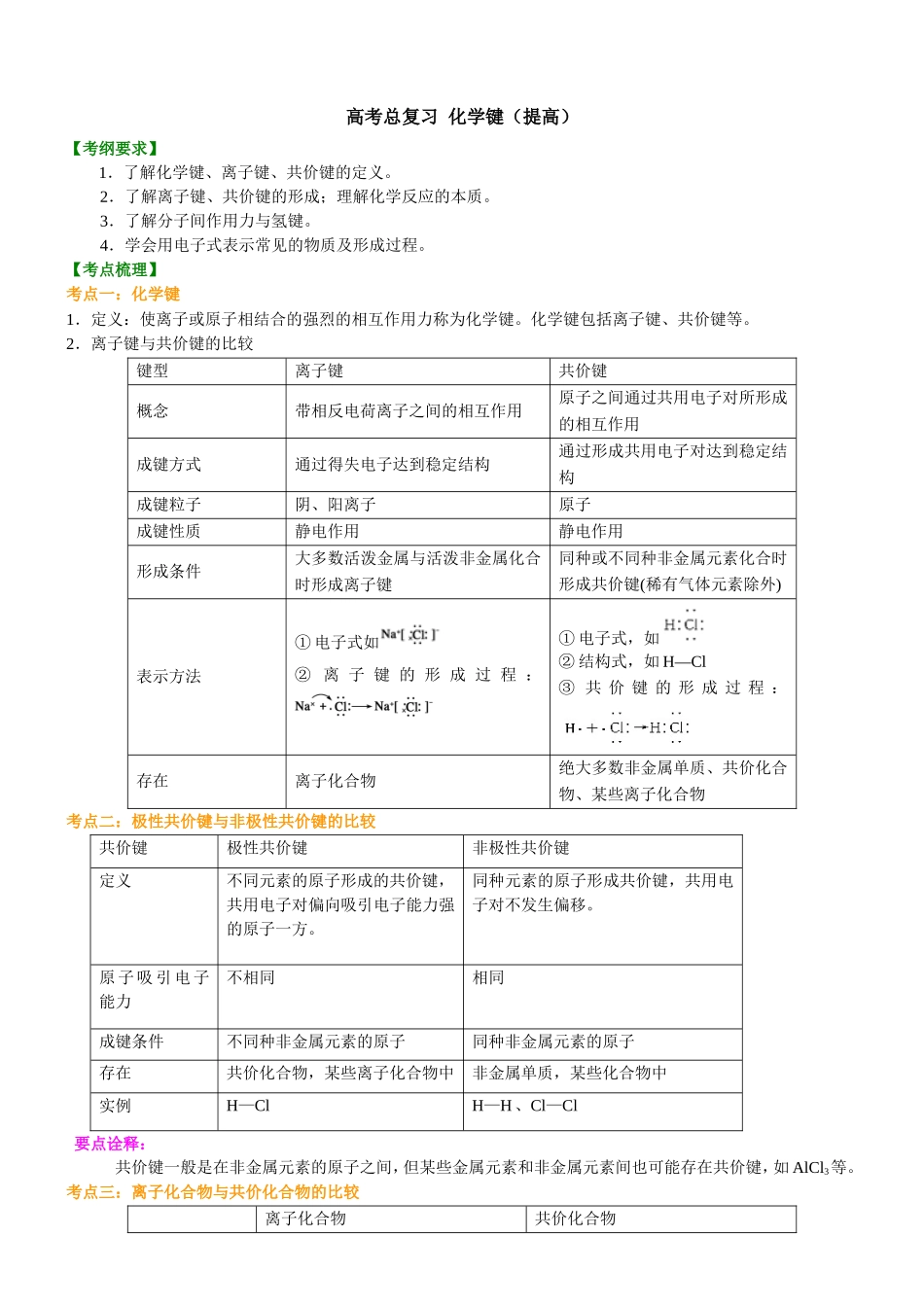 （通用）2026高考化学重难点系列讲义：化学键(提高)+巩固练习附解析.doc_第1页