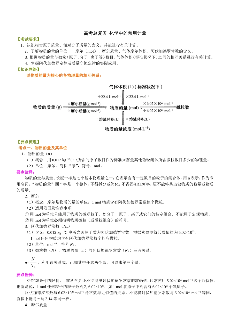 （通用）2026高考化学重难点系列讲义：化学中的常用计量(提高)+巩固练习附解析.doc_第1页