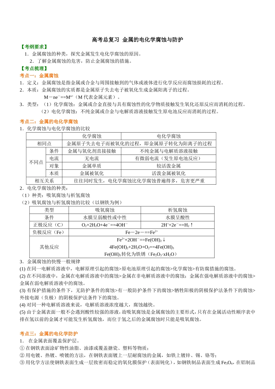 （通用）2026高考化学重难点系列讲义：金属的电化学腐蚀与防护(基础)+巩固练习附解析.doc_第1页