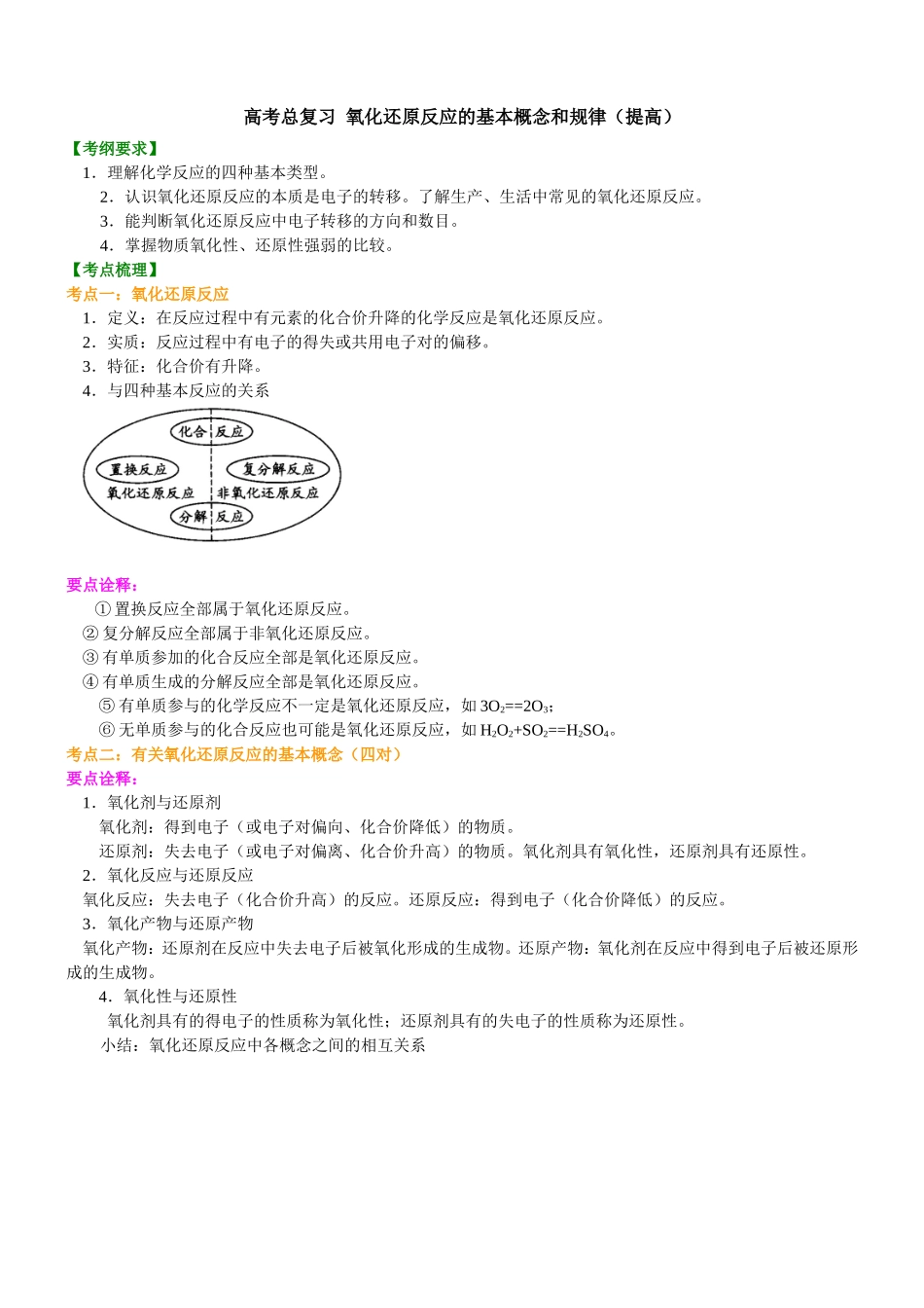 （通用）2026高考化学重难点系列讲义：氧化还原反应的基本概念和规律(提高)+巩固练习附解析.doc_第1页